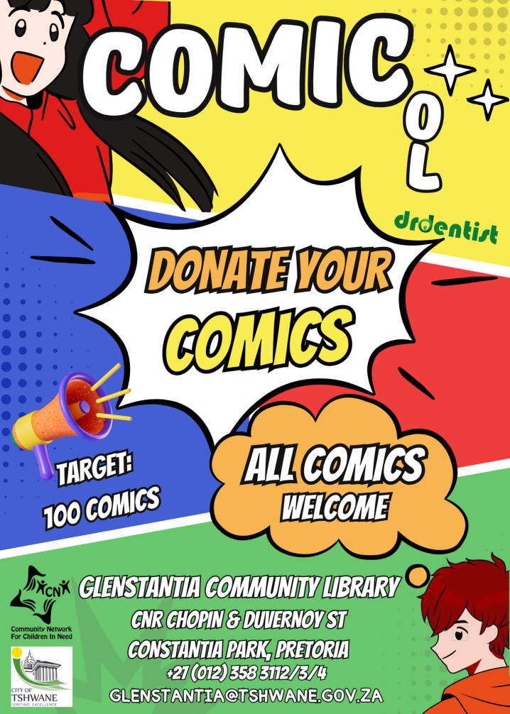 Unleash the power of storytelling! Donate your comics to drive community development and education. Your contribution inspires learning—be a part of the change NOW! Gauteng Tshwane Municipality and Community Network for Children in Neen (CNCN) collaboration.  Dr Mick Muianga Drdentist cncnaid.net